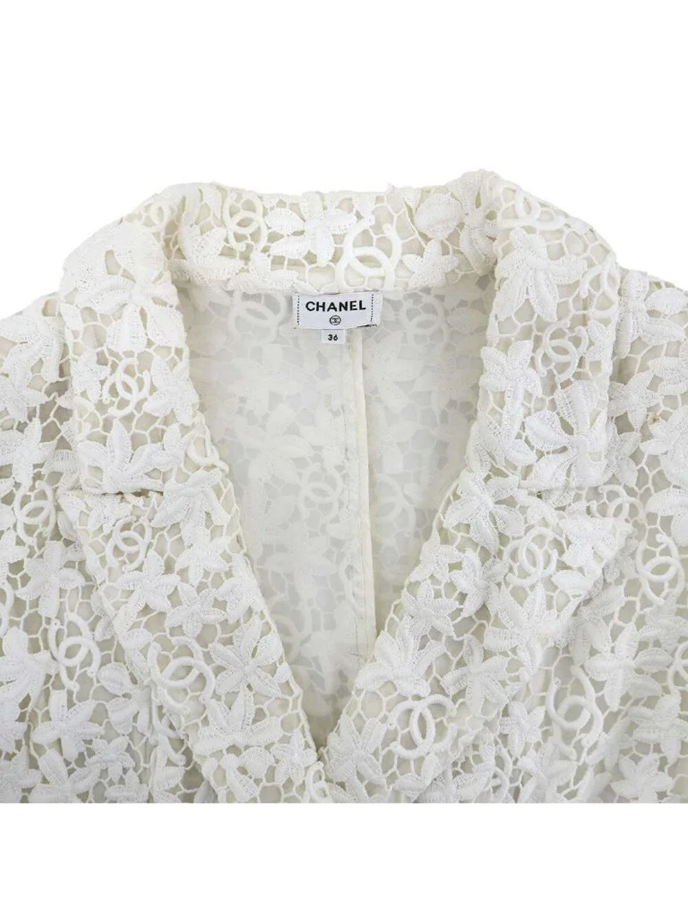 Chanel CC Logo Button All Lace Double Breasted Jacket White 36